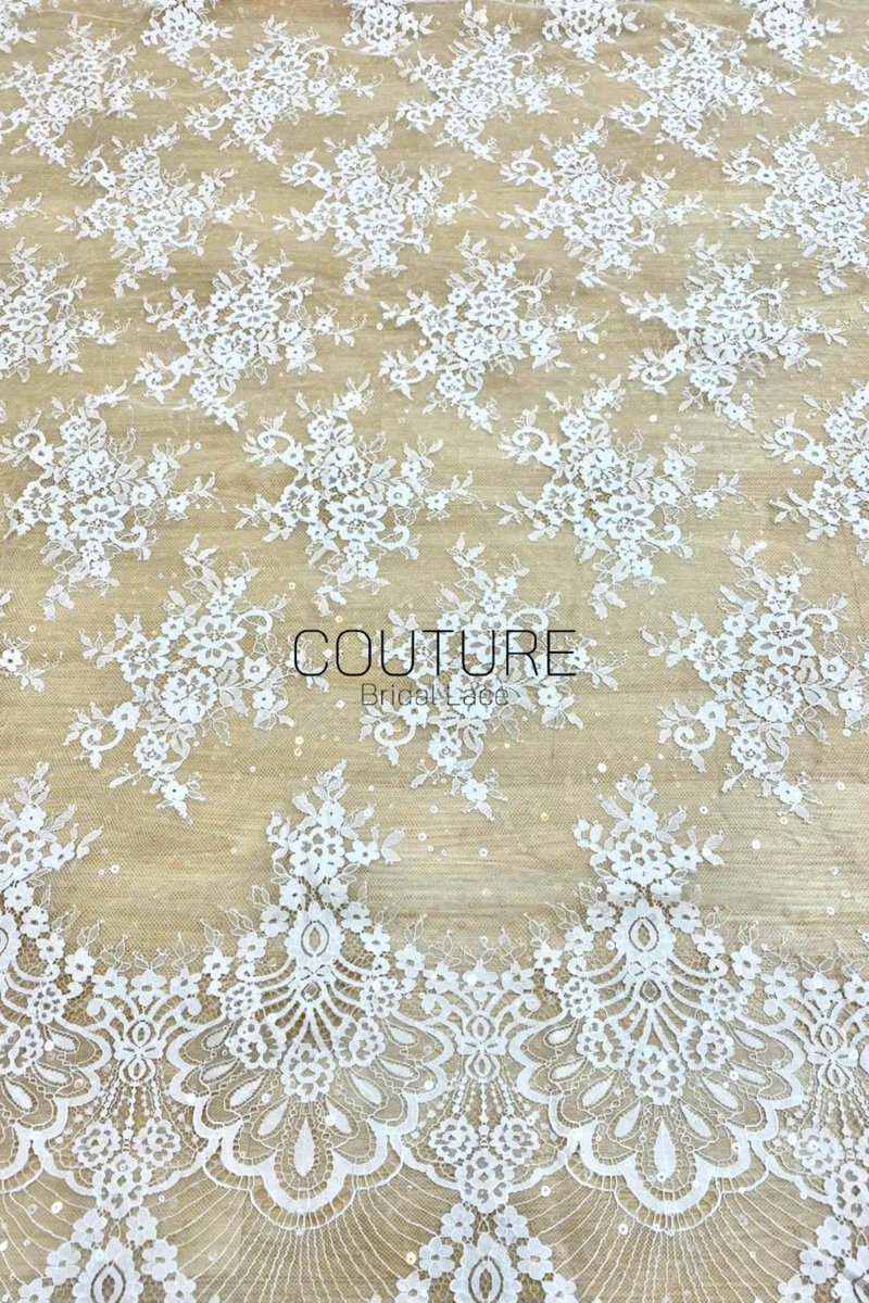 Sequins Chantilly Lace: Ivory Scattered Delicate Floral Motifs with Scalloped Border with Intricate Fan and Floral Motifs, 3 Meters