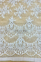 Sequins Chantilly Lace: Ivory Scattered Delicate Floral Motifs with Scalloped Border with Intricate Fan and Floral Motifs, 3 Meters