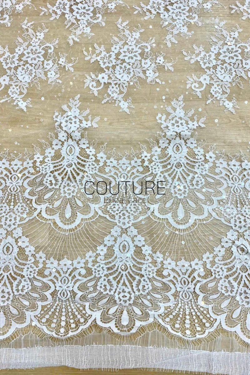 Sequins Chantilly Lace: Ivory Scattered Delicate Floral Motifs with Scalloped Border with Intricate Fan and Floral Motifs, 3 Meters