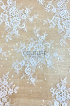 Sequins Chantilly Lace: Ivory Scattered Delicate Floral Motifs with Scalloped Border with Intricate Fan and Floral Motifs, 3 Meters