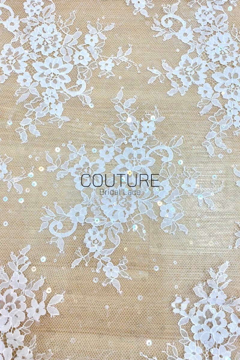 Sequins Chantilly Lace: Ivory Scattered Delicate Floral Motifs with Scalloped Border with Intricate Fan and Floral Motifs, 3 Meters