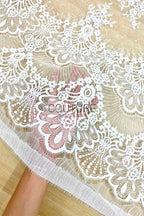 Sequins Chantilly Lace: Ivory Scattered Delicate Floral Motifs with Scalloped Border with Intricate Fan and Floral Motifs, 3 Meters
