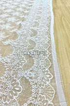 Sequins Chantilly Lace: Ivory Scattered Delicate Floral Motifs with Scalloped Border with Intricate Fan and Floral Motifs, 3 Meters