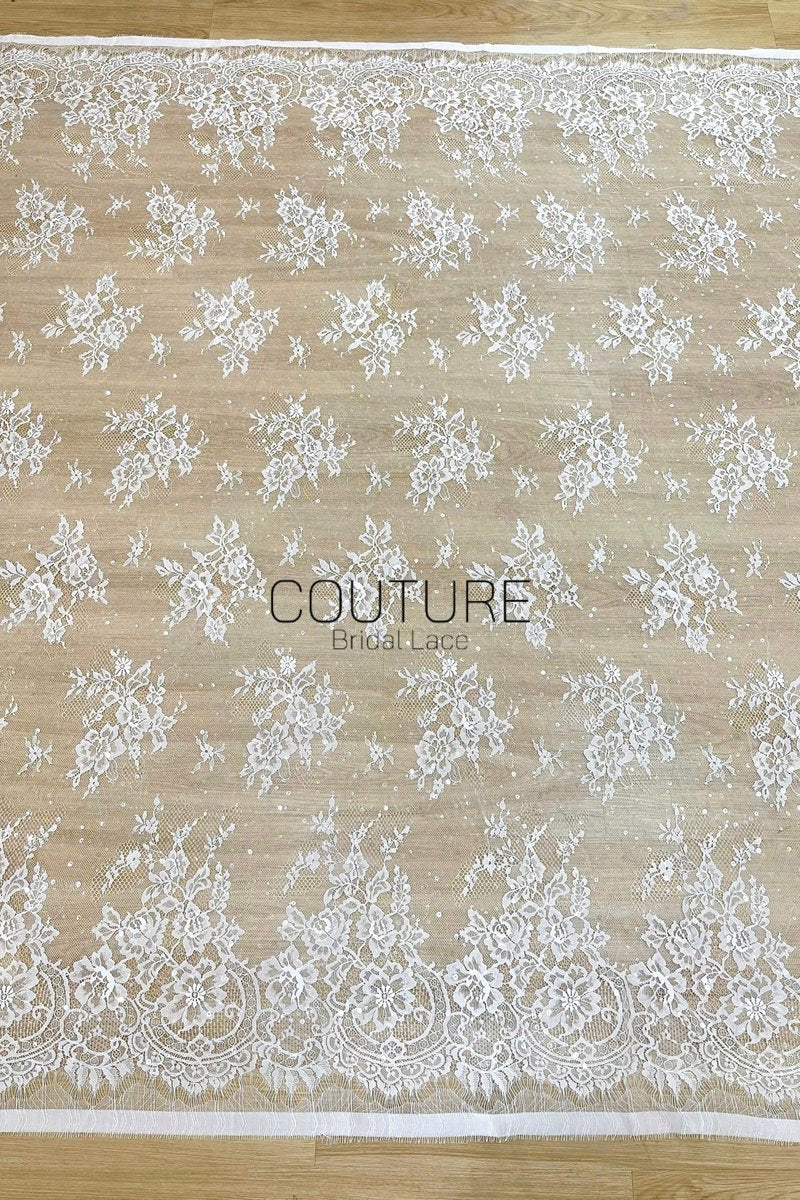 Sequins Chantilly Lace: Ivory Delicate Scattered Floral Motifs With Intricate Scalloped Floral And Scrollwork Border, 3 Meters