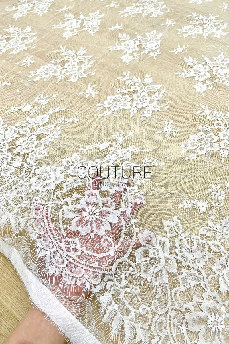 Sequins Chantilly Lace: Ivory Delicate Scattered Floral Motifs With Intricate Scalloped Floral And Scrollwork Border, 3 Meters