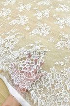 Sequins Chantilly Lace: Ivory Delicate Scattered Floral Motifs With Intricate Scalloped Floral And Scrollwork Border, 3 Meters