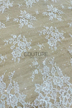 Sequins Chantilly Lace: Ivory Delicate Scattered Floral Motifs With Intricate Scalloped Floral And Scrollwork Border, 3 Meters