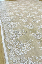 Sequins Chantilly Lace: Ivory Delicate Scattered Floral Motifs With Intricate Scalloped Floral And Scrollwork Border, 3 Meters