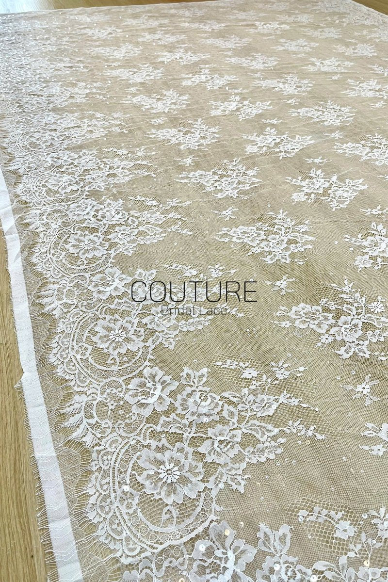 Sequins Chantilly Lace: Ivory Delicate Scattered Floral Motifs With Intricate Scalloped Floral And Scrollwork Border, 3 Meters