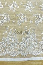 Sequins Chantilly Lace: Ivory Delicate Scattered Floral Motifs With Intricate Scalloped Floral And Scrollwork Border, 3 Meters