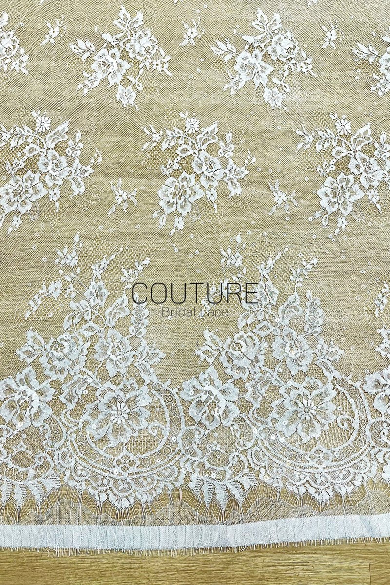 Sequins Chantilly Lace: Ivory Delicate Scattered Floral Motifs With Intricate Scalloped Floral And Scrollwork Border, 3 Meters