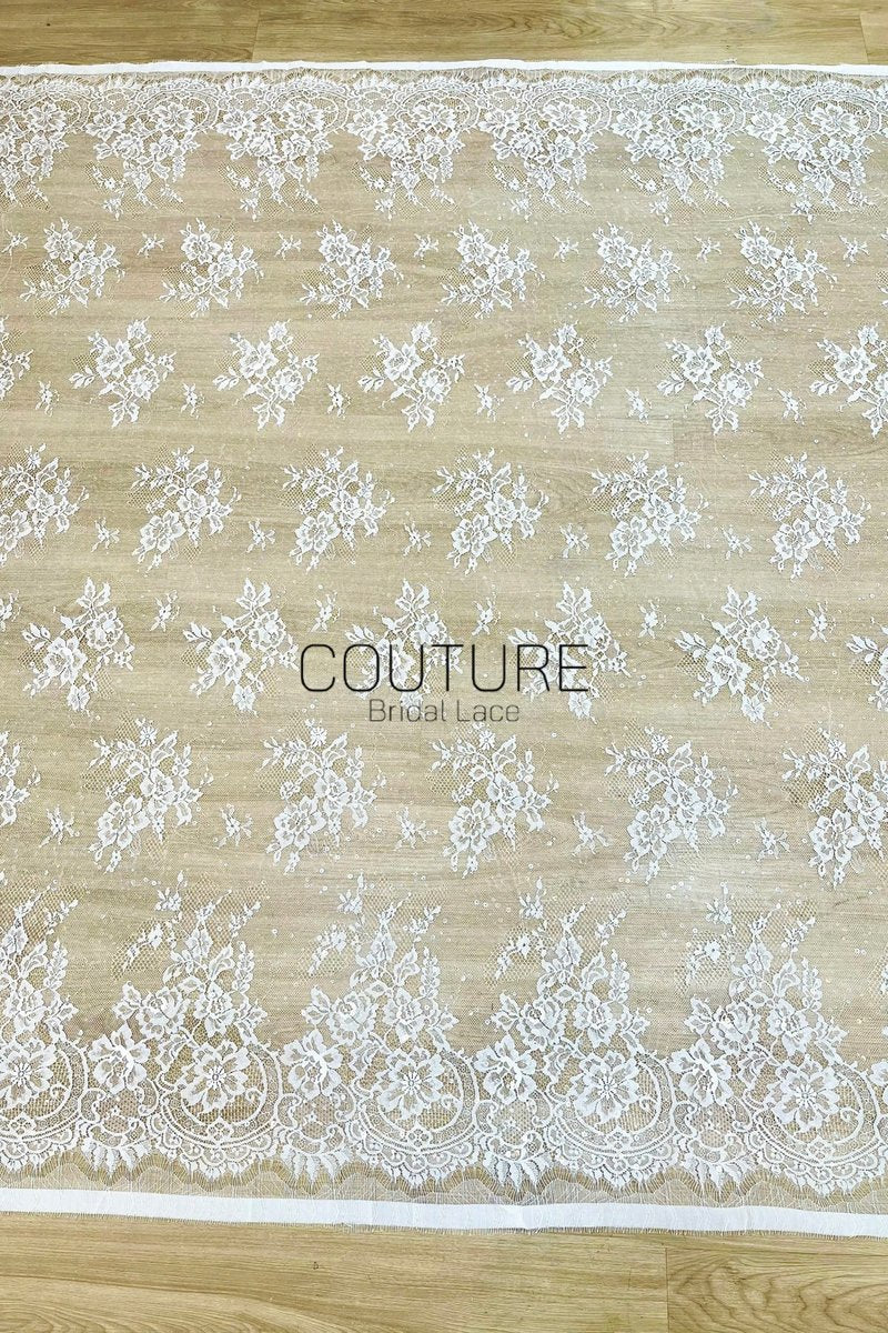 Sequins Chantilly Lace: Ivory Delicate Scattered Floral Motifs With Intricate Scalloped Floral And Scrollwork Border, 3 Meters