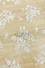 Sequins Chantilly Lace: Ivory Delicate Scattered Floral Motifs With Intricate Scalloped Floral And Scrollwork Border, 3 Meters