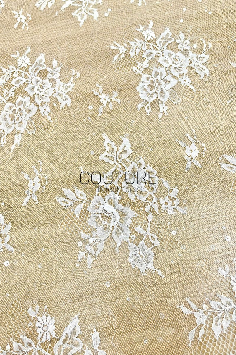 Sequins Chantilly Lace: Ivory Delicate Scattered Floral Motifs With Intricate Scalloped Floral And Scrollwork Border, 3 Meters