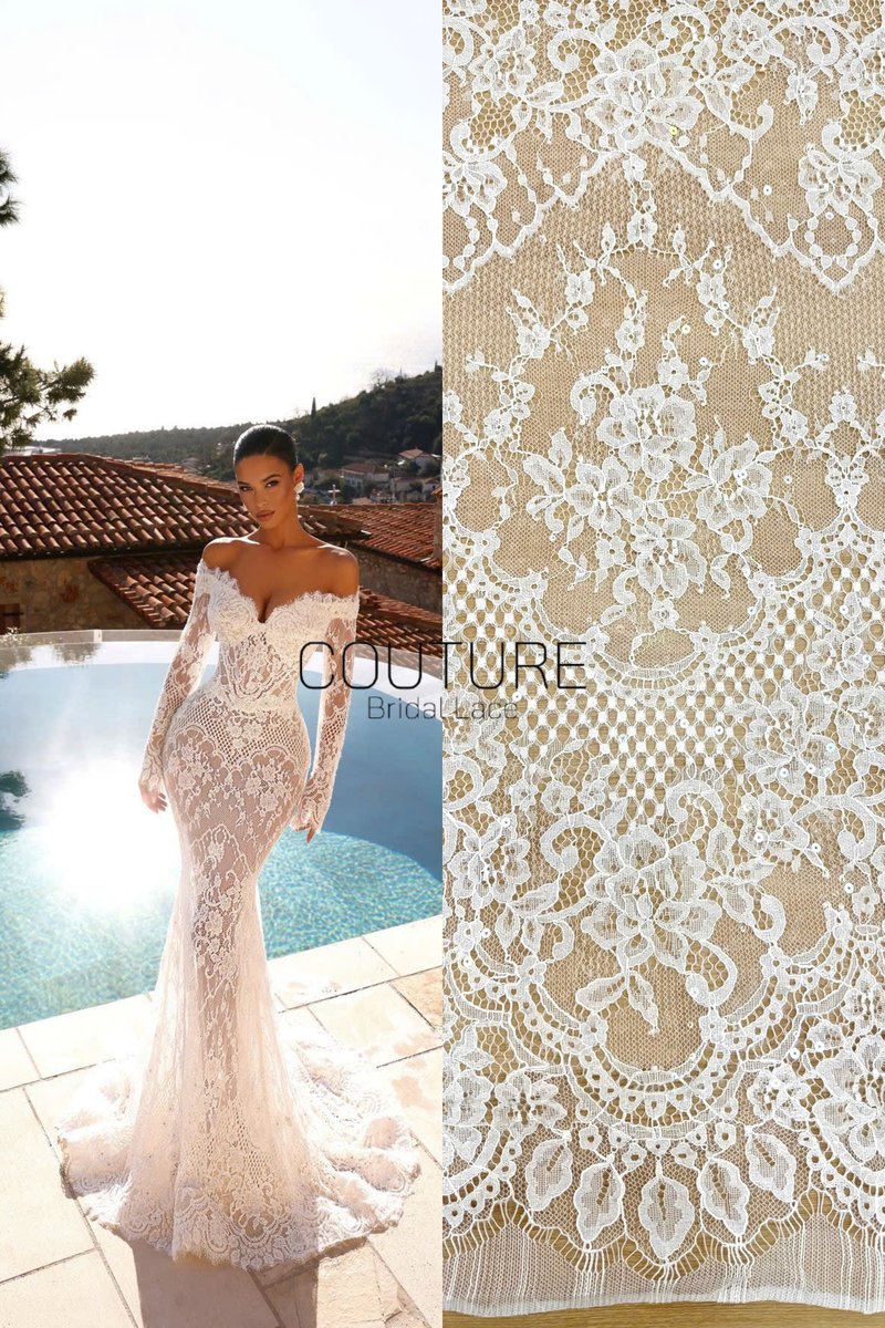 Sequins Chantilly Lace: White Delicate Floral Vine Motifs With Fringed Scalloped Eyelash Border, 3 Meters