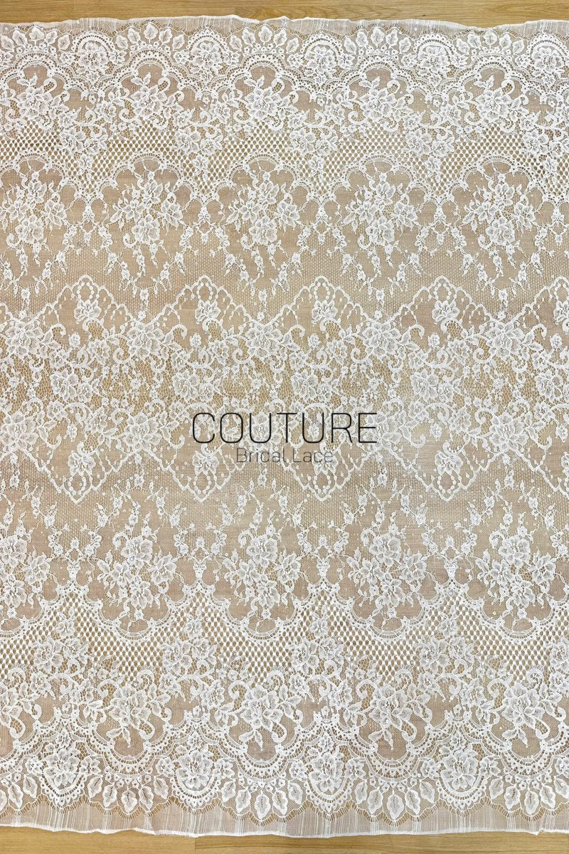 Sequins Chantilly Lace: White Delicate Floral Vine Motifs With Fringed Scalloped Eyelash Border, 3 Meters