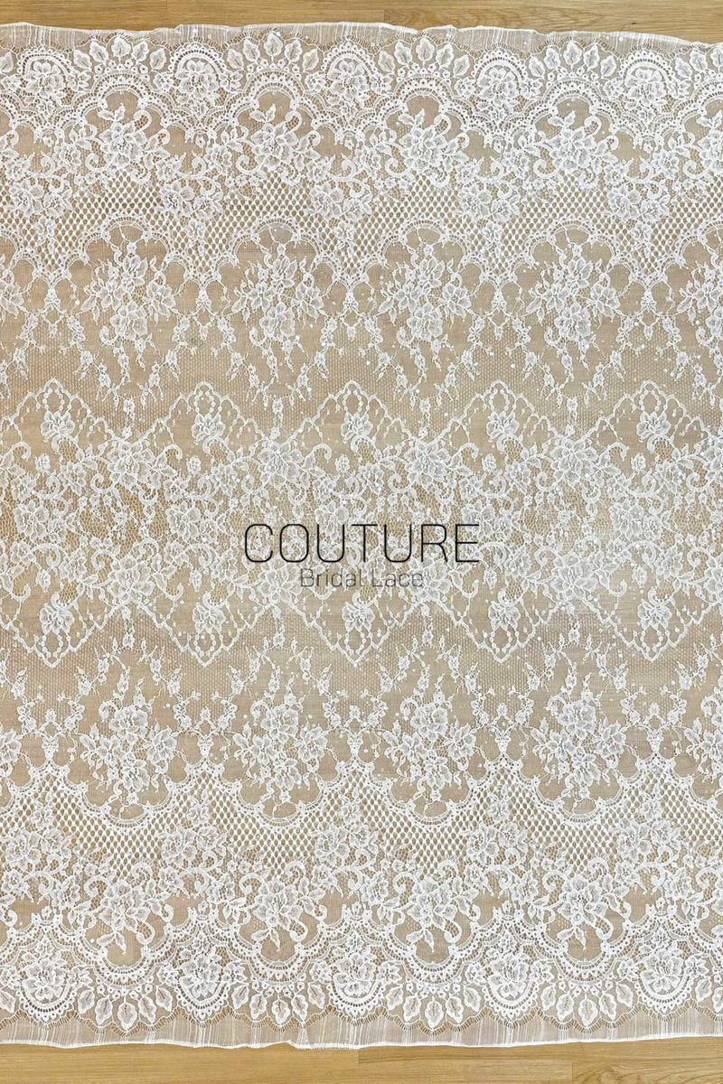 Sequins Chantilly Lace: White Delicate Floral Vine Motifs With Fringed Scalloped Eyelash Border, 3 Meters