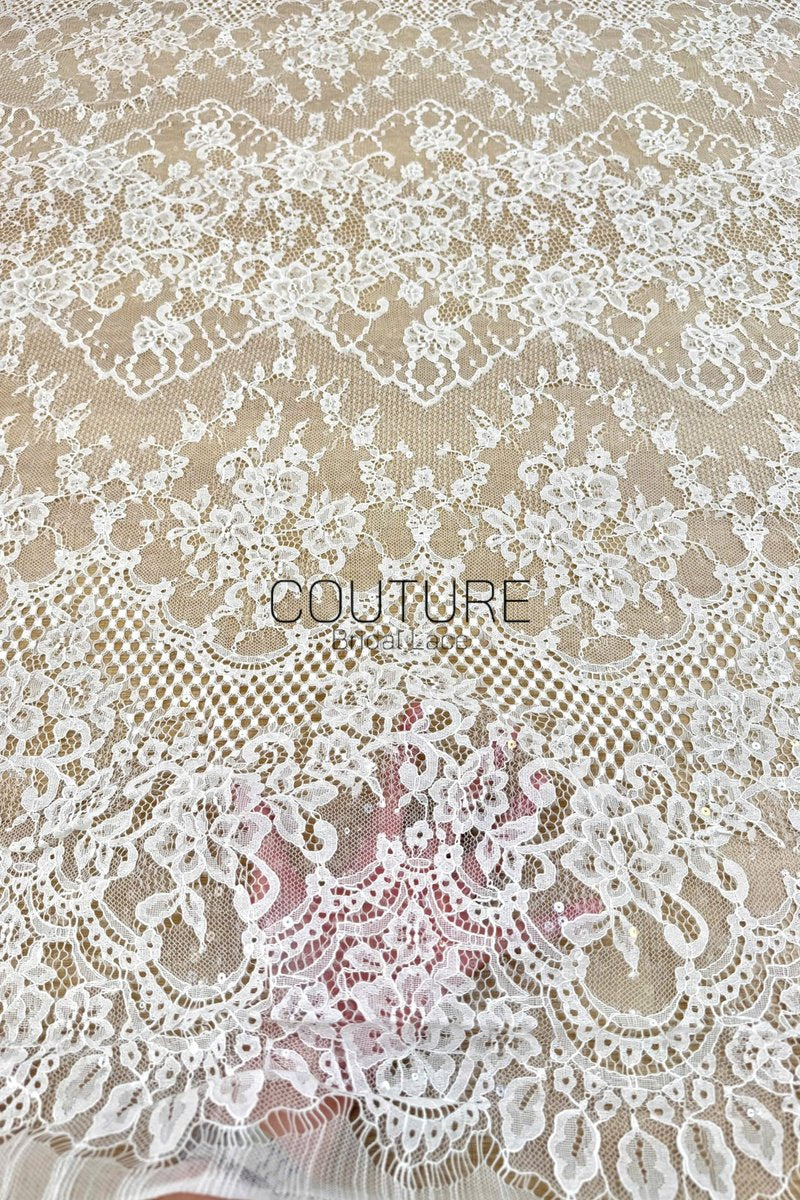 Sequins Chantilly Lace: White Delicate Floral Vine Motifs With Fringed Scalloped Eyelash Border, 3 Meters