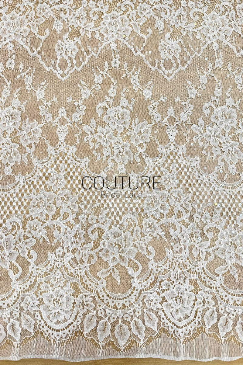 Sequins Chantilly Lace: White Delicate Floral Vine Motifs With Fringed Scalloped Eyelash Border, 3 Meters