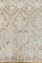 Sequins Chantilly Lace: White Delicate Floral Vine Motifs With Fringed Scalloped Eyelash Border, 3 Meters