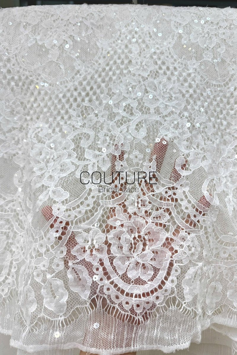 Sequins Chantilly Lace: White Delicate Floral Vine Motifs With Fringed Scalloped Eyelash Border, 3 Meters