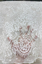 Sequins Chantilly Lace: White Delicate Floral Vine Motifs With Fringed Scalloped Eyelash Border, 3 Meters