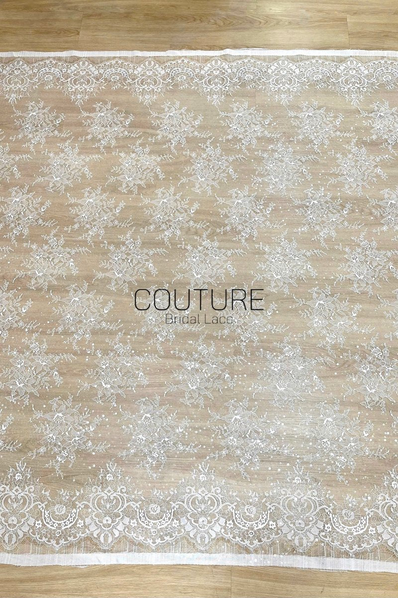 Sequins Chantilly Lace: White Scattered Floral Sequin Sprigs with Ornate Scalloped Floral Medallion Border, 3 Meters