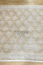 Sequins Chantilly Lace: White Scattered Floral Sequin Sprigs with Ornate Scalloped Floral Medallion Border, 3 Meters