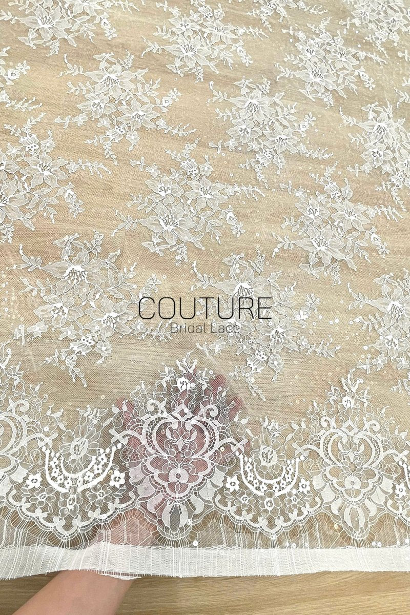 Sequins Chantilly Lace: White Scattered Floral Sequin Sprigs with Ornate Scalloped Floral Medallion Border, 3 Meters
