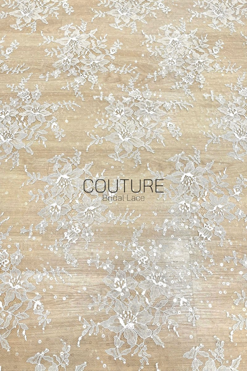 Sequins Chantilly Lace: White Scattered Floral Sequin Sprigs with Ornate Scalloped Floral Medallion Border, 3 Meters