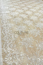 Sequins Chantilly Lace: White Scattered Floral Sequin Sprigs with Ornate Scalloped Floral Medallion Border, 3 Meters