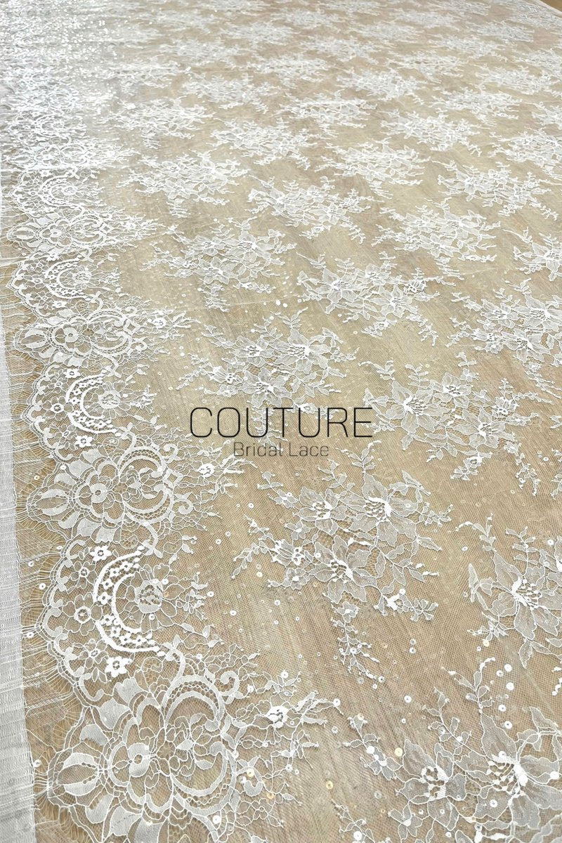 Sequins Chantilly Lace: White Scattered Floral Sequin Sprigs with Ornate Scalloped Floral Medallion Border, 3 Meters