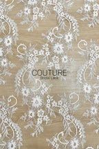Chantilly Lace: White Scrolling Vine Daisy Floral Clusters with Floral Eyelash Scalloped Border, 3 Meters