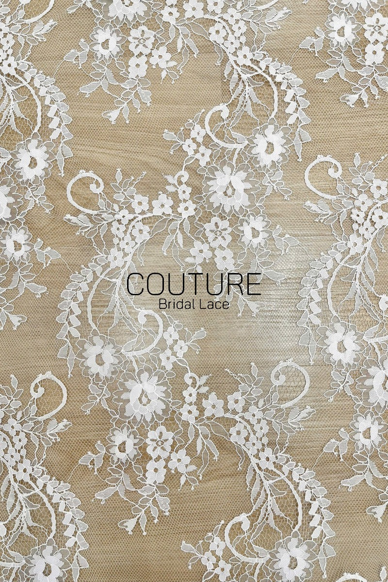 Chantilly Lace: White Scrolling Vine Daisy Floral Clusters with Floral Eyelash Scalloped Border, 3 Meters