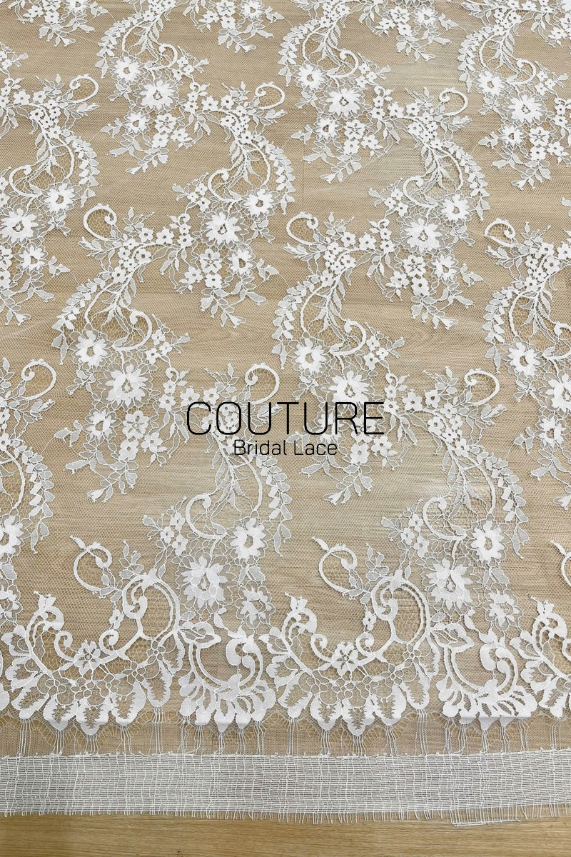 Chantilly Lace: White Scrolling Vine Daisy Floral Clusters with Floral Eyelash Scalloped Border, 3 Meters