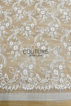 Chantilly Lace: White Scrolling Vine Daisy Floral Clusters with Floral Eyelash Scalloped Border, 3 Meters