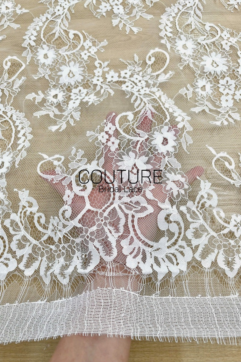 Chantilly Lace: White Scrolling Vine Daisy Floral Clusters with Floral Eyelash Scalloped Border, 3 Meters