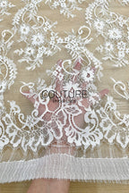 Chantilly Lace: White Scrolling Vine Daisy Floral Clusters with Floral Eyelash Scalloped Border, 3 Meters