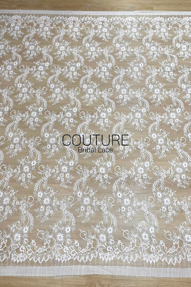 Chantilly Lace: White Scrolling Vine Daisy Floral Clusters with Floral Eyelash Scalloped Border, 3 Meters