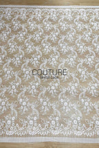 Chantilly Lace: White Scrolling Vine Daisy Floral Clusters with Floral Eyelash Scalloped Border, 3 Meters