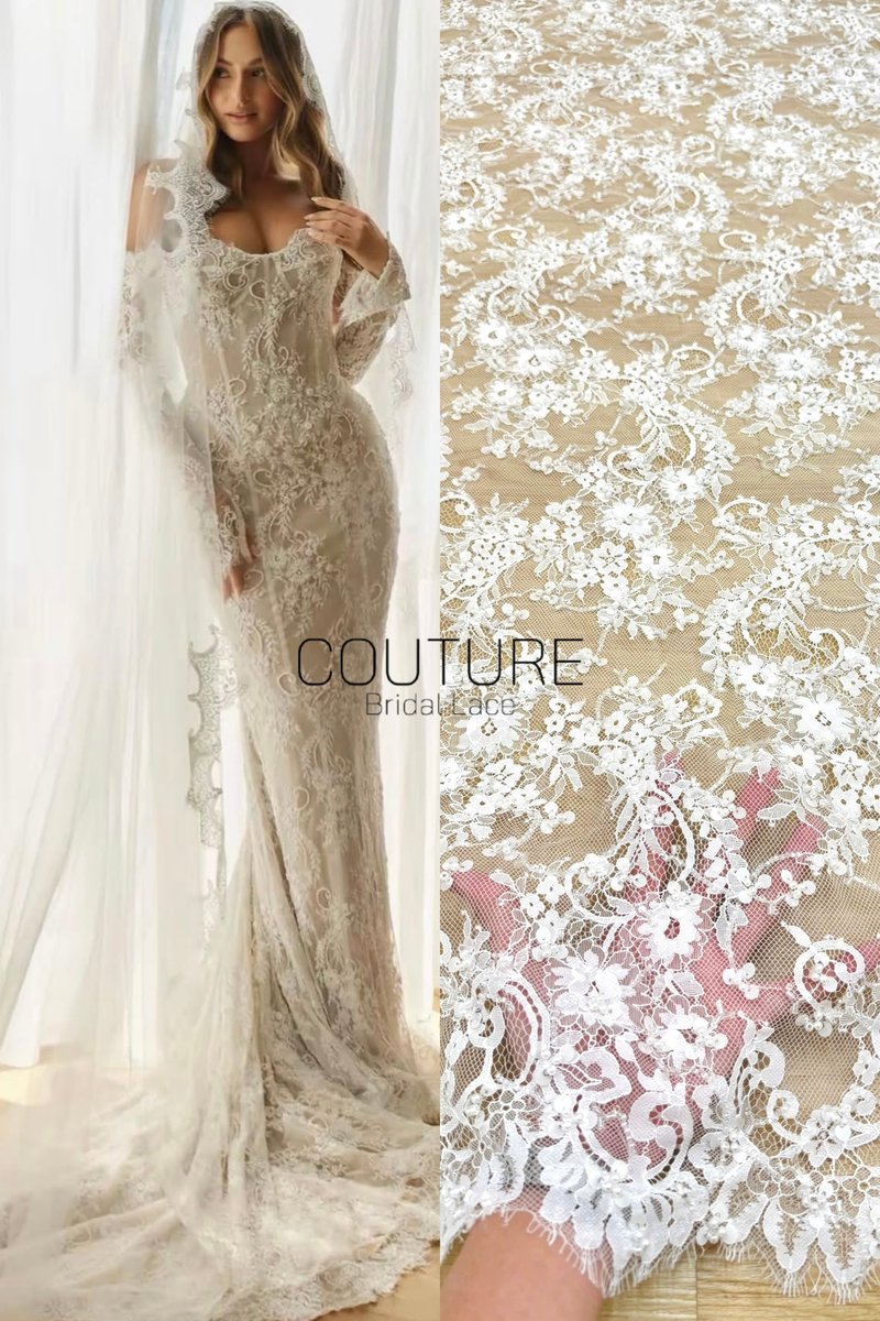 Beaded Chantilly Lace: Ivory Intricate Floral Scrollwork with Delicate Scalloped Eyelash Lace Border, 3 Meters