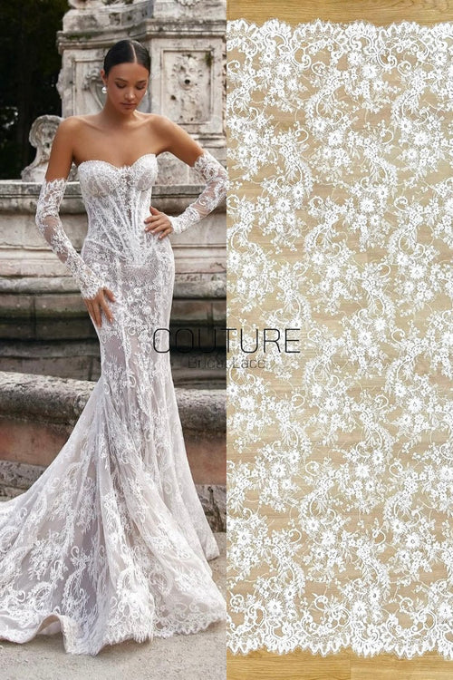 Beaded Chantilly Lace: Ivory Intricate Floral Scrollwork with Delicate Scalloped Eyelash Lace Border, 3 Meters