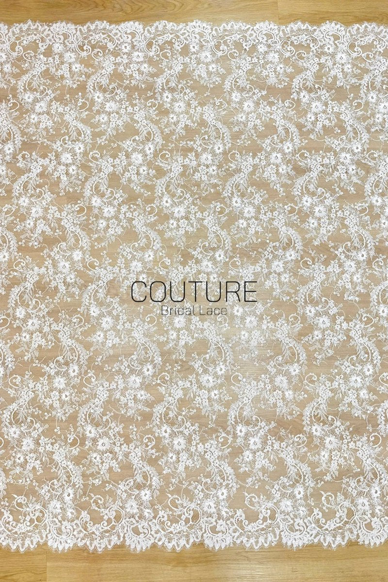 Beaded Chantilly Lace: Ivory Intricate Floral Scrollwork with Delicate Scalloped Eyelash Lace Border, 3 Meters