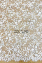 Beaded Chantilly Lace: Ivory Intricate Floral Scrollwork with Delicate Scalloped Eyelash Lace Border, 3 Meters