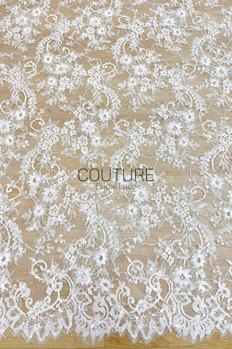 Beaded Chantilly Lace: Ivory Intricate Floral Scrollwork with Delicate Scalloped Eyelash Lace Border, 3 Meters
