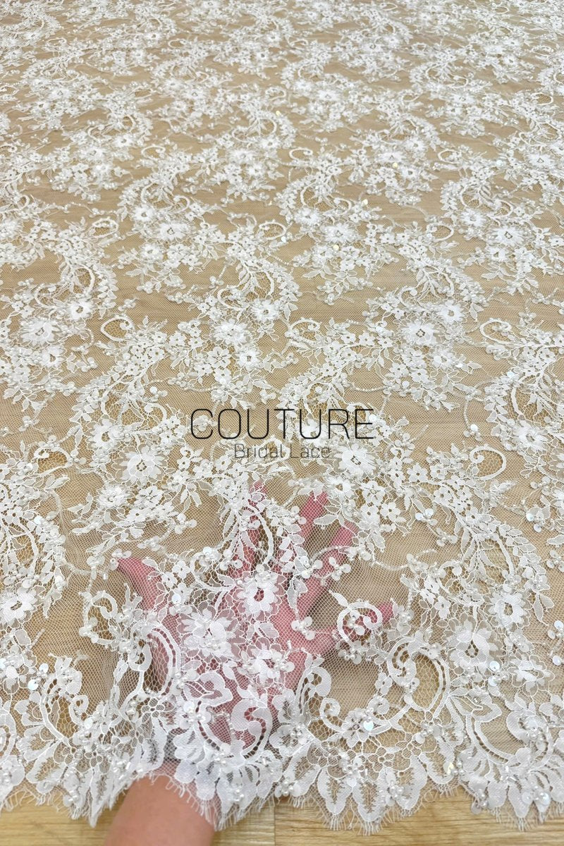 Beaded Chantilly Lace: Ivory Intricate Floral Scrollwork with Delicate Scalloped Eyelash Lace Border, 3 Meters