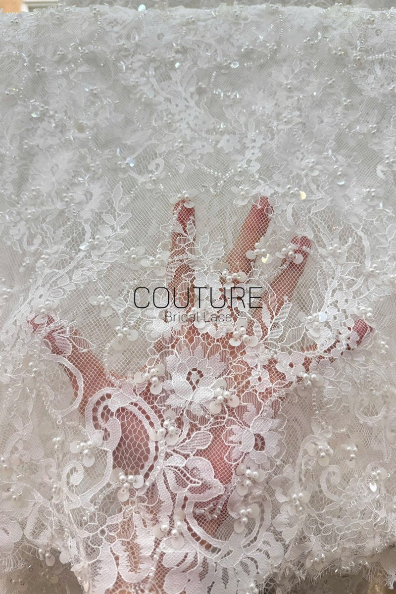 Beaded Chantilly Lace: Ivory Intricate Floral Scrollwork with Delicate Scalloped Eyelash Lace Border, 3 Meters