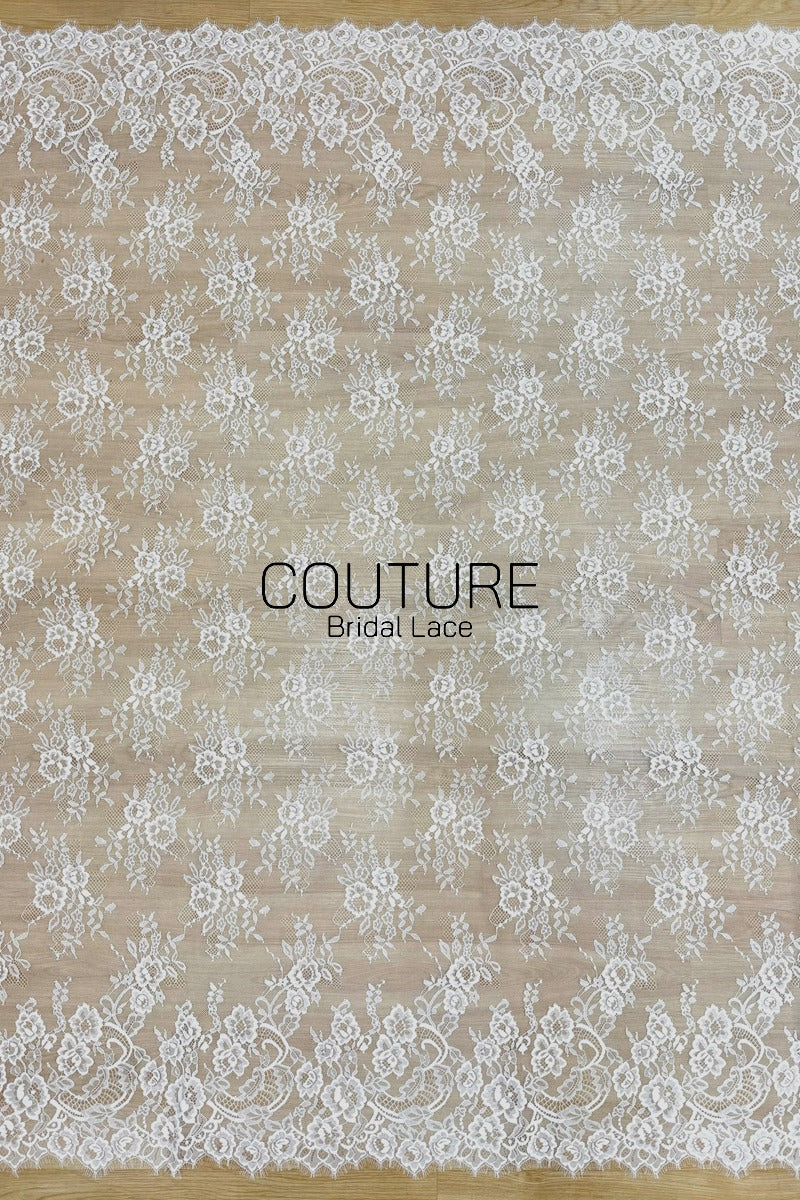 Chantilly Lace: White Scattered Rose Bouquet Clusters with Scrolling Paisley Floral Scalloped Border, 3 Meters