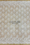 Chantilly Lace: White Scattered Rose Bouquet Clusters with Scrolling Paisley Floral Scalloped Border, 3 Meters