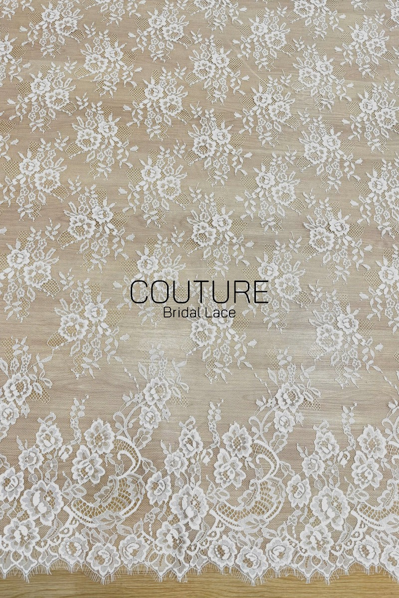 Chantilly Lace: White Scattered Rose Bouquet Clusters with Scrolling Paisley Floral Scalloped Border, 3 Meters